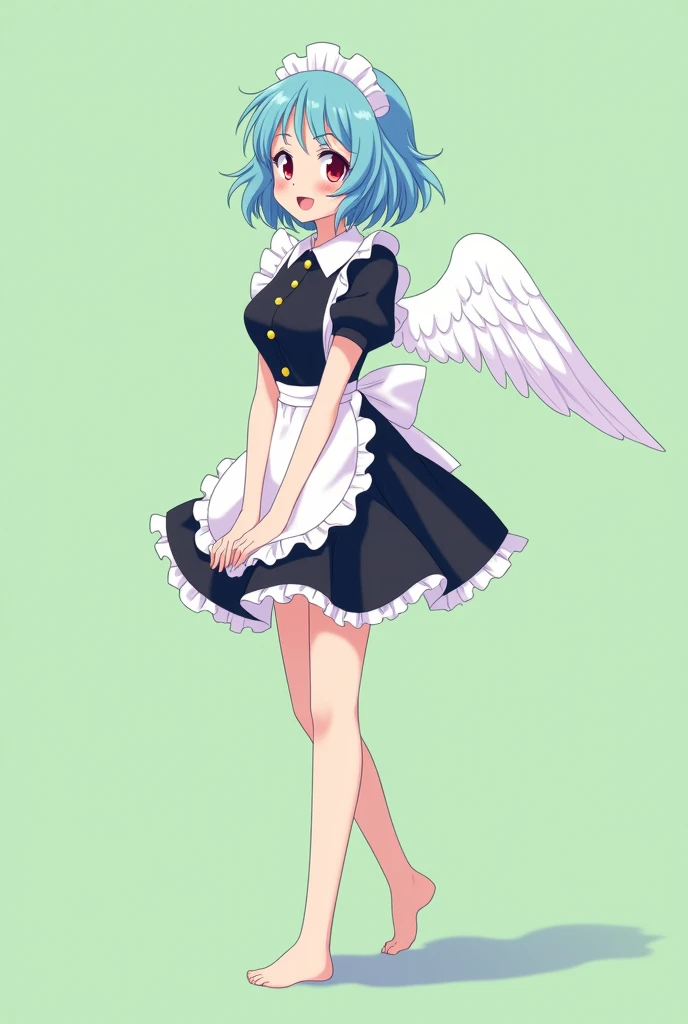 Maid cafe maid with short blue hair, Red eyes, a sensual and happy expression, age range between 18 and 26 years, with angel wings, black uniform, anime style completely in 2D, with pastel colors, with a completely flat and green background