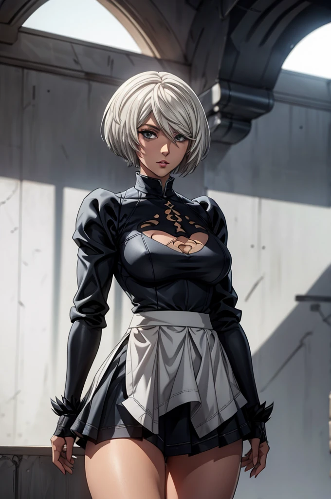 2B, 1girl, white hair, short hair, without a skirt, detail body, detail face