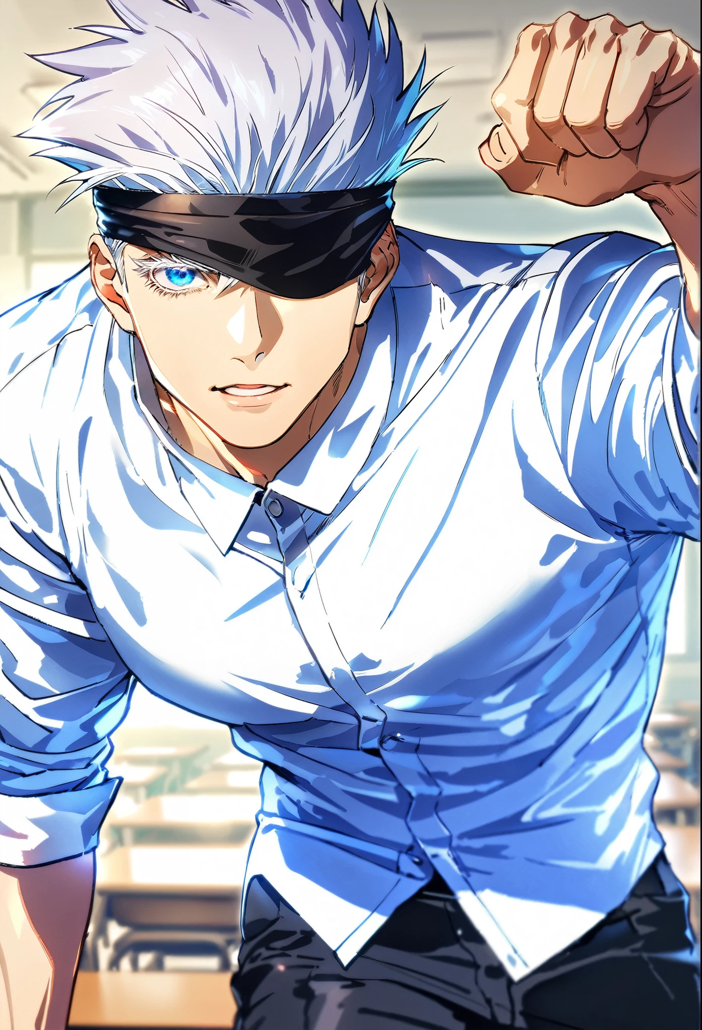 Ultra detailed, HDR, Highres, absurdres, masterpiece, best quality, solo focus, Gojou Satoru, white hair, black blindfold, covered eyes, white large shirt, black pants, Jujutsu Kaisen, sexy man, handsome, classroom, handsome, sensual, solo, manly, man, kabedon, looking at viewer