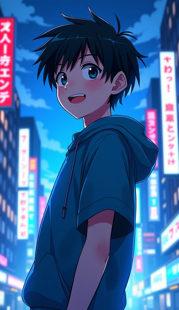 ((best quality)), ((masterpiece)), (detailed), Create a cool anime drawing of a lively Japanese boy with black hair。, smooth body type, With bangs, cheerful appearance, Light skin tone, Black eyes. Standing so that the whole body is reflected, Colorful neon blue color with city buildings as background 、City night sky、Speedy anime illustrations、Run、Run、Side angle、Side Angle、Vision、