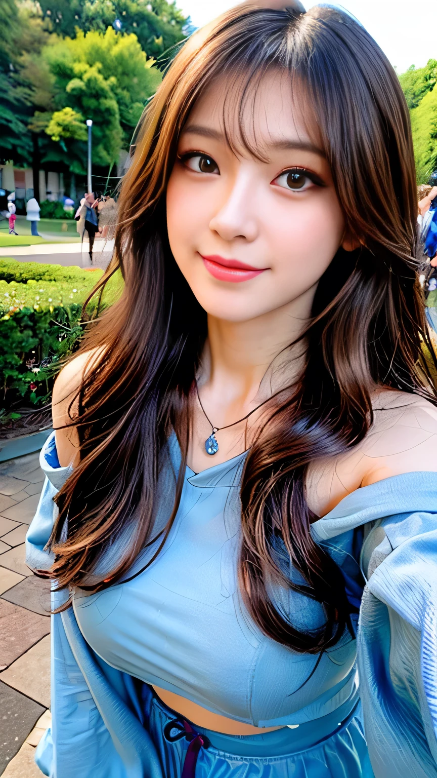 seed;2372725988,((Full Body Angle))、((Front hair:1.3))、((Highest quality, 8k, masterpiece: 1.3)), concentrated: 1.2, Cute 1,Nipples erect、 Perfect beauty: 1.4,Summer off-the-shoulder cropped T-shirt、Letter Print、Shorts: 1.2,Long sleeve、Randall Color、comics&Text Graphics、Black ruffle-trimmed drawstring zip blouse,1.1, Highly detailed face and skin textures, Fine grain, double eyelid, whitening skin, ,Highest quality,Ultra-high resolution,you,1 person,alone,_Shiny_skin,Iris,necklace,((brown_length_Wavy_hair)),(lips)),eyelash,Front hair,deal with,compensate,Shiny,pore,skin,Large Breasts、((Smile))、Walking in the park、Selfie、((close-up))