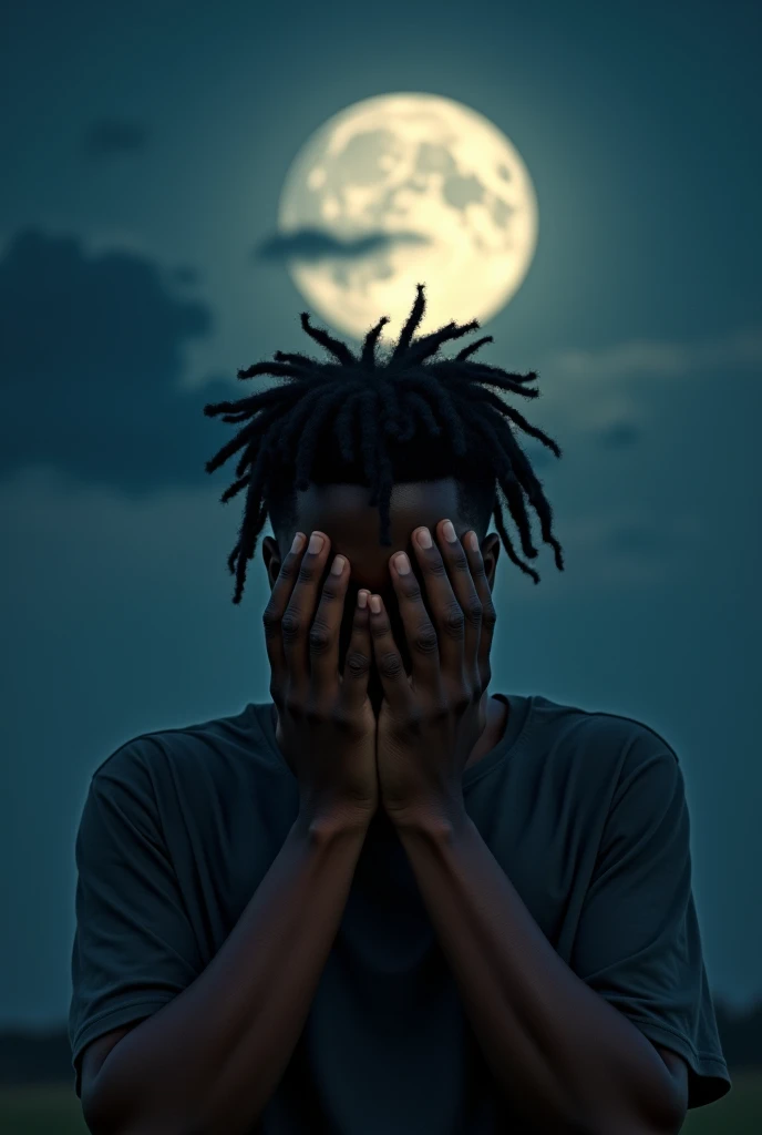 A young man with brown skin and hair in twist locks style with his hands covering his face and his head towards the moon