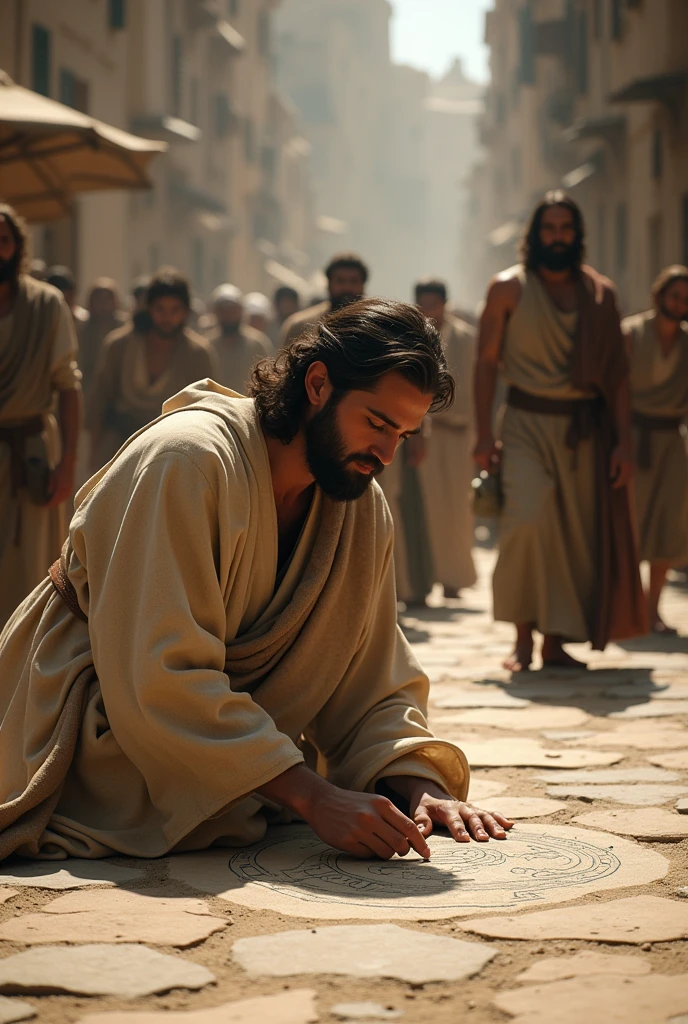 Create an image where Jesus writes on the ground without caring about people