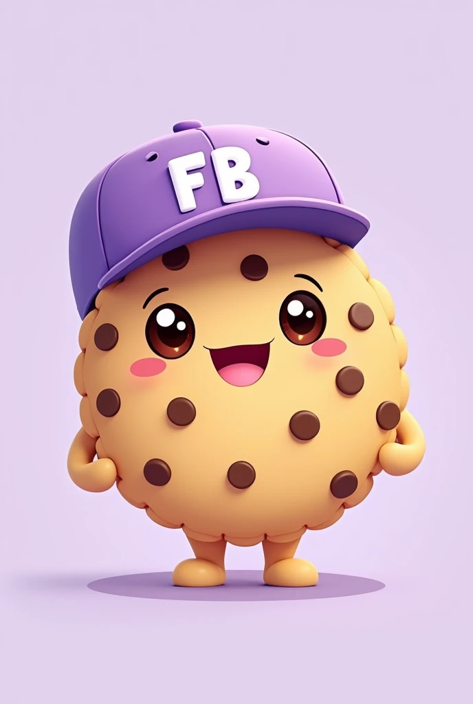Full body cookie illustration type that is pretty, that is happy and has chocolate chips, that has a light purple cap that says FB in capital letters and has a light purple background