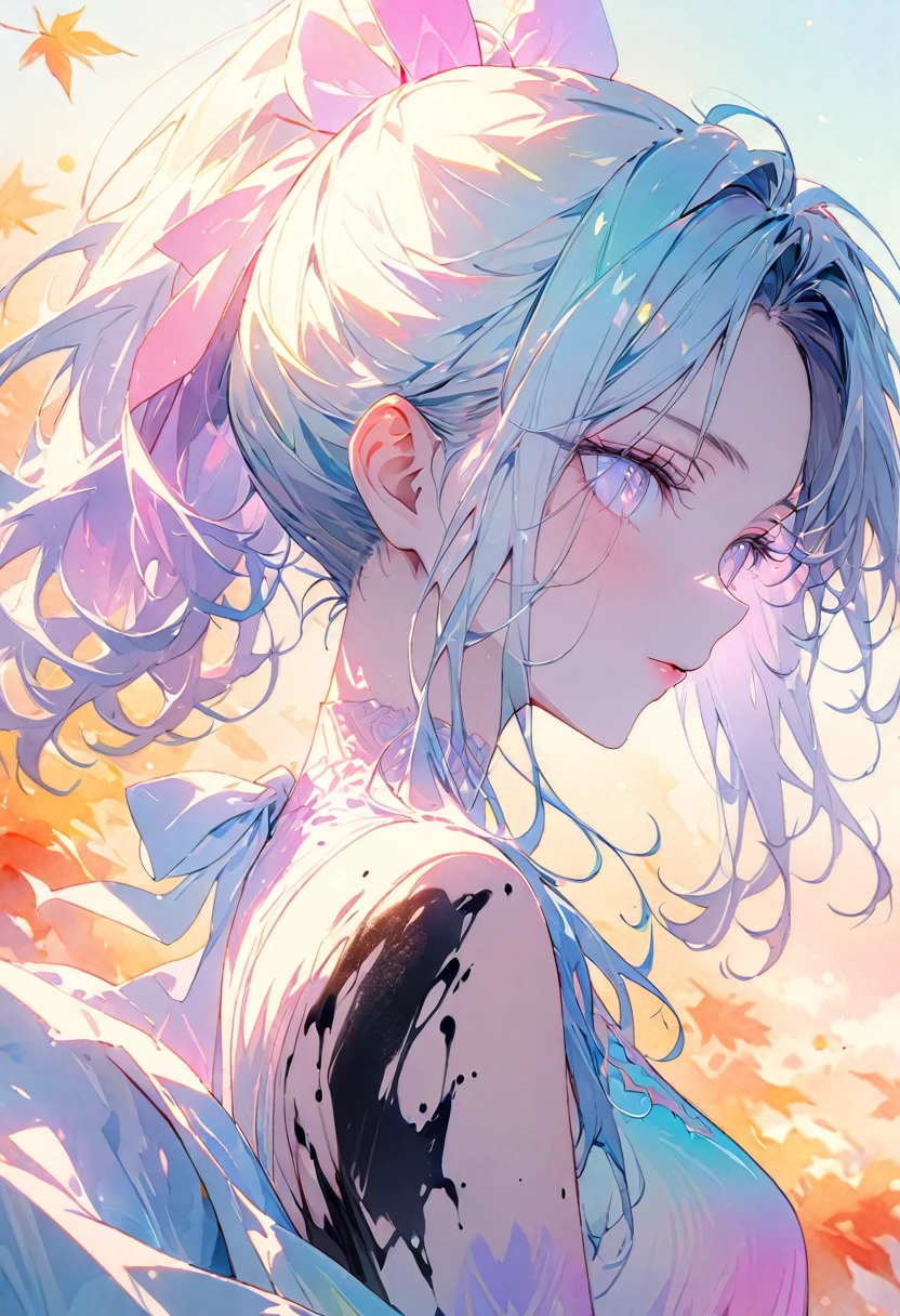 (8k, Highest quality, masterpiece:1.2),(Highest quality:1.0), (Ultra-high resolution:1.0), watercolor, Beautiful woman, shoulder, Hair Ribbon, Agnes Cecil, Half Body Portrait, Very bright and luminous design, pastel colour, (ink:1.3), Autumn Light,