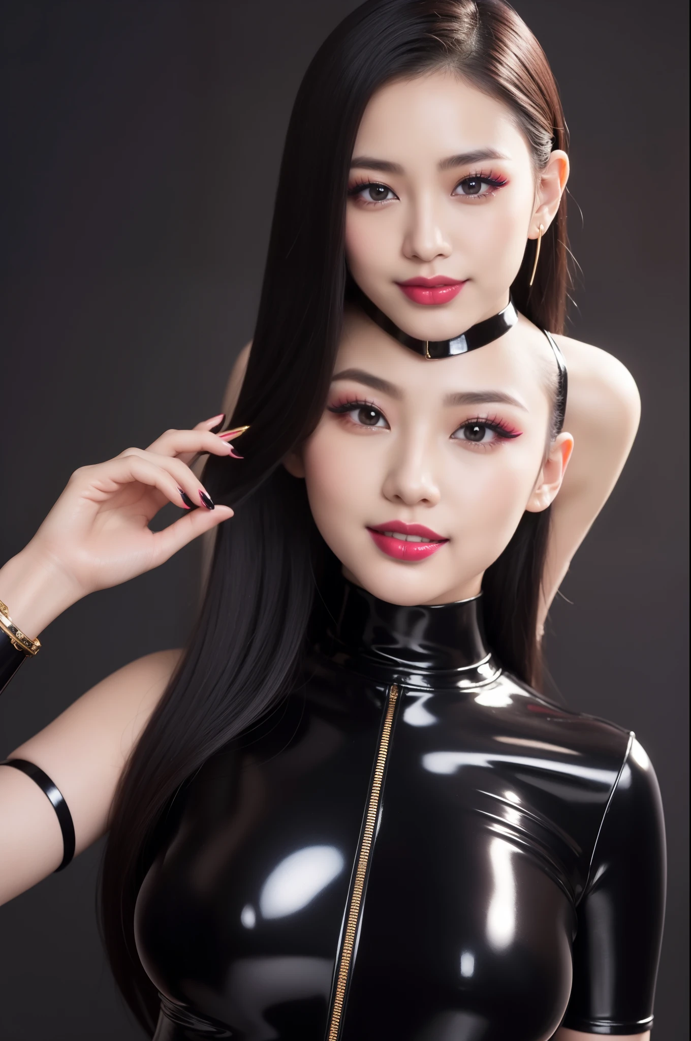 nsfw、sexy asian fashion model、glossy lipstick、smiling face、defined eyebrows、ultra detailed drama makeup、long lashes、full body Esbian、ultra detailed latex business dress、latex choker、latex bracelets、Colorful hair