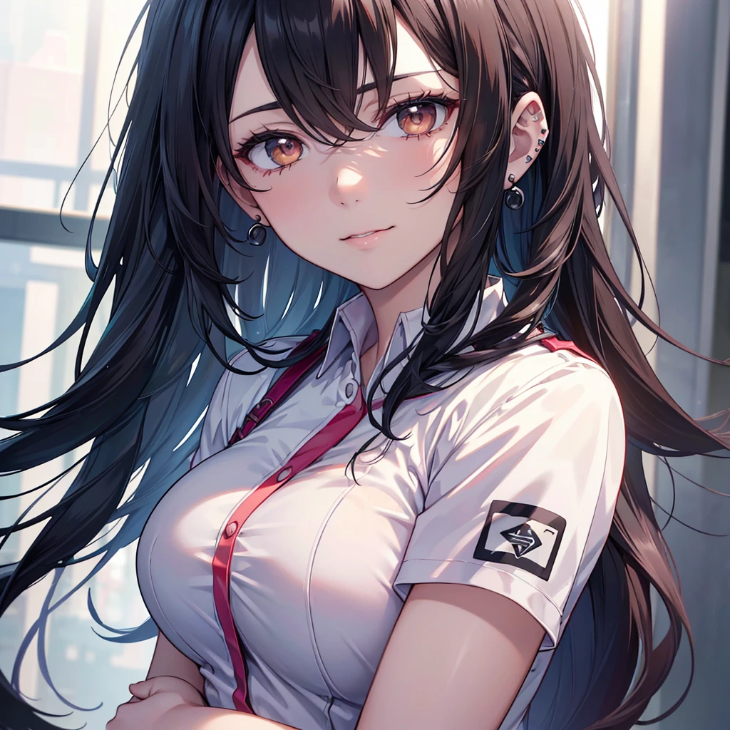 a nurse with long dark hair, piercing gaze, and a stern expression, no cap, full body view, high resolution, detailed, anime-style illustration, beautiful black hair, almond-shaped eyes, brown eyes, looking down with an intense, psychotic demeanor, large breasts, no piercings, smile,(best quality,4k,8k,highres,masterpiece:1.2),ultra-detailed,(realistic,photorealistic,photo-realistic:1.37)