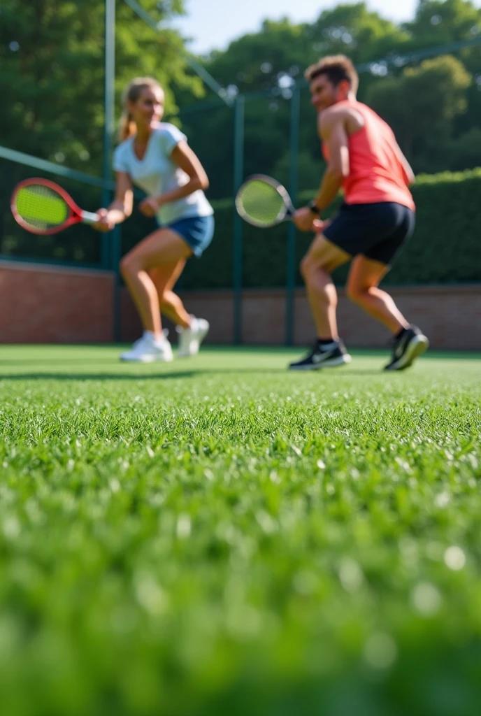 "Create a hyper-realistic image of a blue paddle court with synthetic grass. The scene should feature two attractive people playing paddle. The camera angle should be at 45°, focusing on the faces of the players to capture their expressions and the intensity of the game. The synthetic grass should be vividly detailed, covering 50% of the image. The overall scene should appear extremely lifelike and dynamic, with the action of the game clearly visible."
