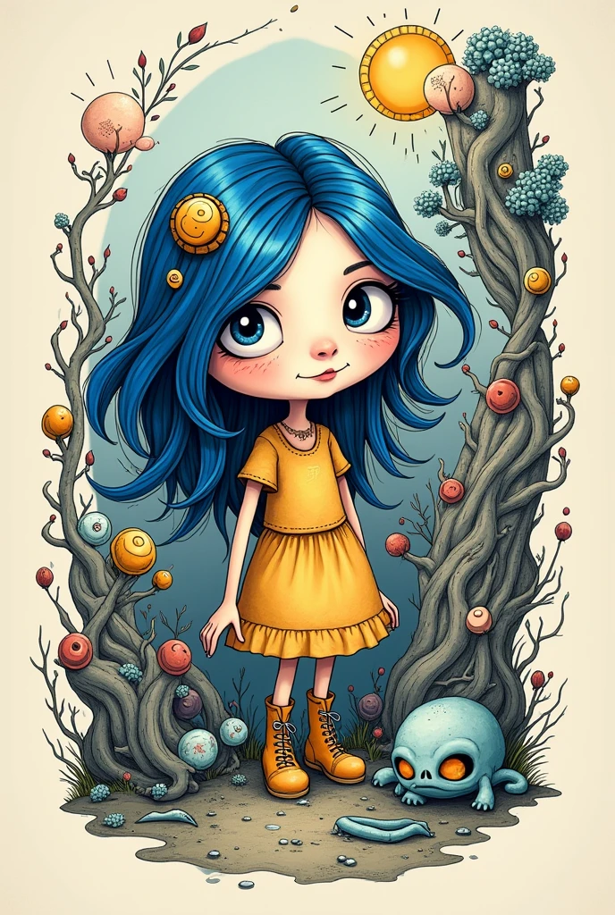 create a coraline fanart, not realism, a drawing with lines, 2d