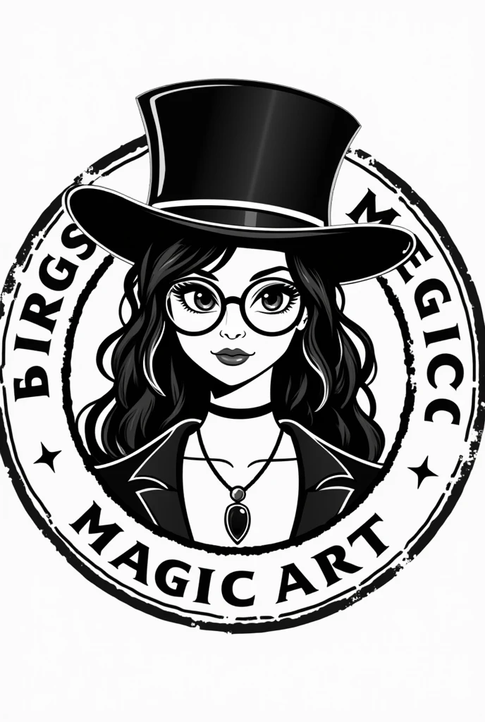 A company logo, round stamp type, have a cute and sexy magician with a magician hat (the round one), that the hat is not big. With black wavy hair but with two white streaks in front of his head, from his forehead. With elegant oval glasses, with a necklace attached to her neck and a pendant with a precious stone. All this in black and white, that has a design designed to be printed. And that the words are all around "Magic Art"