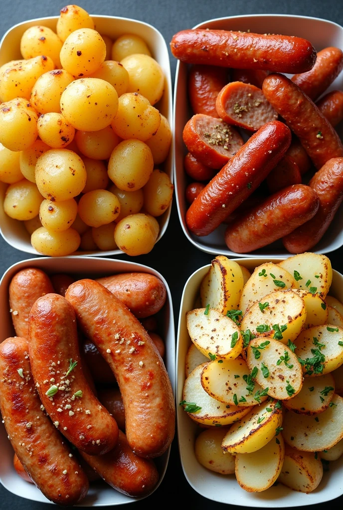4 different dishes of salchipapas with native potatoes 1. Salchipapas with yellow potatoes and frankfurter 2. Salchipapa with huayro potatoes and turkey sausage. Salchipapa with sumac soncco potatoes with chorizo and fine herbs.
4. Salchipapas with white potato (Classical) with grilled chorizo