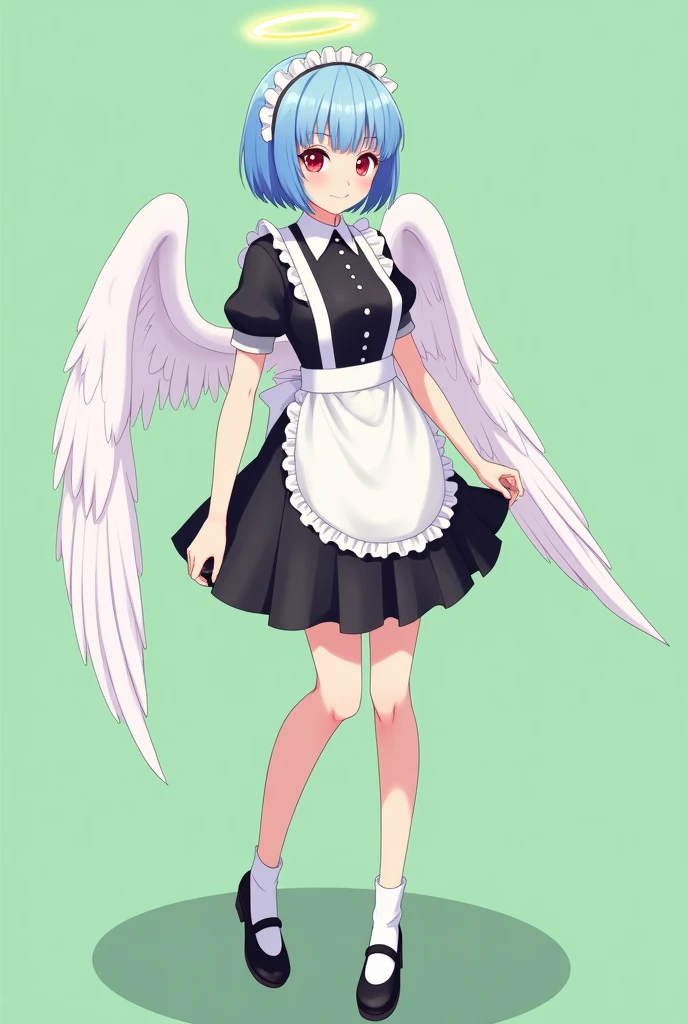 Maid cafe maid with short blue hair, Red eyes, a sensual and happy expression, age range between 18 and 26 years, with angel wings, black uniform, anime style completely in 2D, with pastel colors, with a completely flat and green background