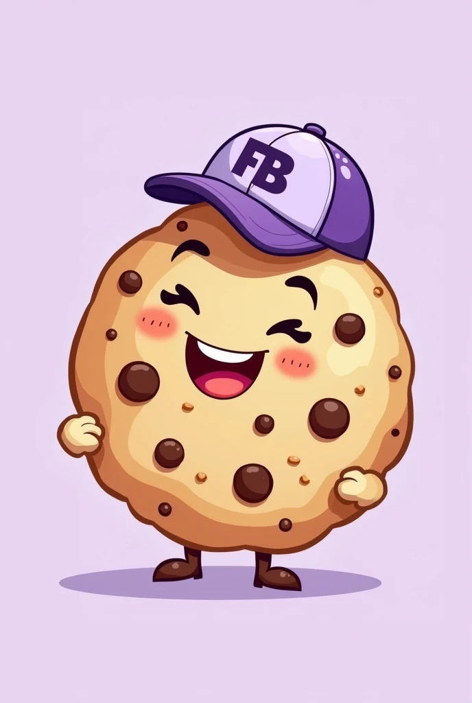 Full body cookie illustration type that is pretty, that is happy and has chocolate chips, that has a light purple cap that says FB in capital letters and has a light purple background