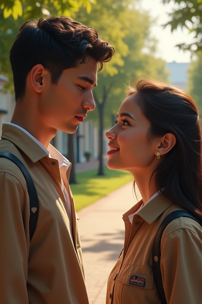 Believe me 6 Images of a character named David and another named Javier who is dating his ex-girlfriend and they are college students in light brown uniforms with a white shirt