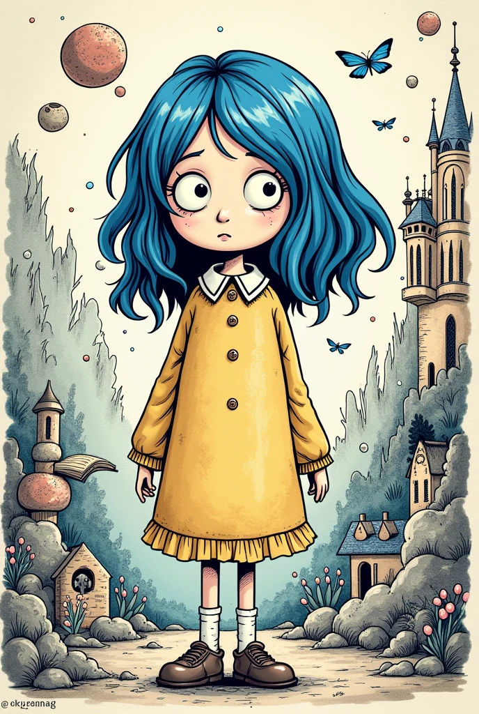 create a coraline fanart, not realism, a drawing with lines, 2d