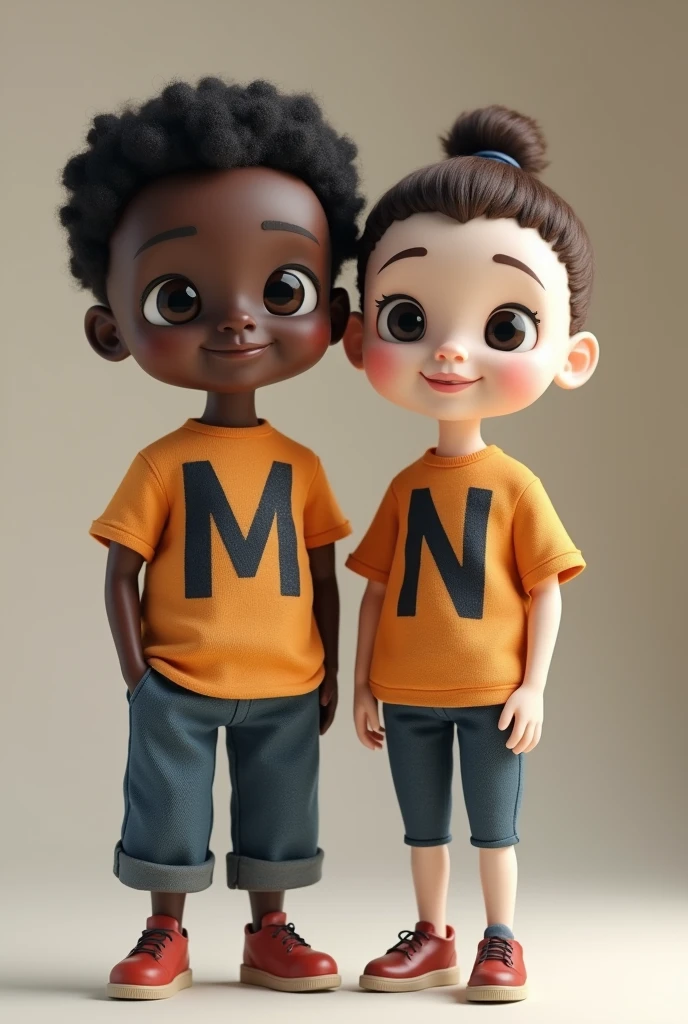 A dark-skinned man doll with a t-shirt with an M and a short white doll with a t-shirt with the letter N