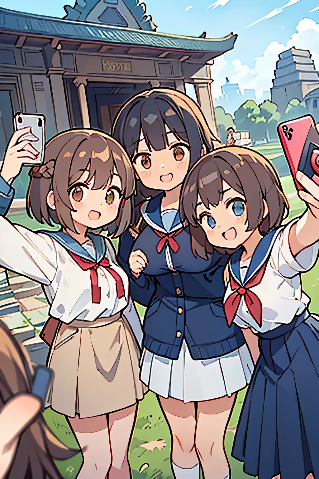Highest quality、High resolution、Detailed Background、(Beautiful face in every detail:1.4)、Anatomically correct、(Normal number of fingers:1.2)、(Highly detailed face)、Detailed eyes、Teenage beauty、(Huge breasts:1.2)、Perfect body line、Brown Hair、Black Hair、Braided bob cut、ponytail、Wavy Hairstyle、well-groomed eyebrows、Shiny navy blue sailor suit、White sailor collar、Navy blue pleated skirt、School Cardigan、White Stockings、School trip、historical charm、History of Civilization、Ruins Spot、In a joking manner、A fun atmosphere、A big smile、smile、Cowboy Shot、
(Three people taking a selfie with a famous spot in the background:1.5)、
Angkor Wat、A stunning group of ruins symbolizing the history and culture of Southeast Asia、cute