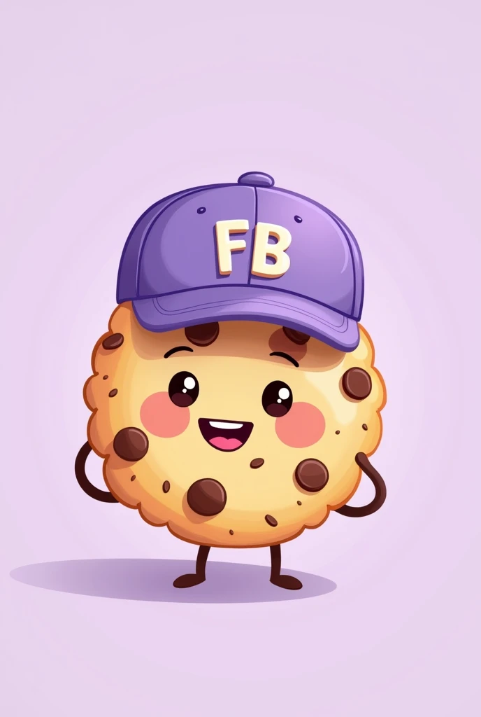 Full body cookie illustration type that is pretty, that is happy and has chocolate chips, that has a light purple cap that says FB in capital letters and has a light purple background