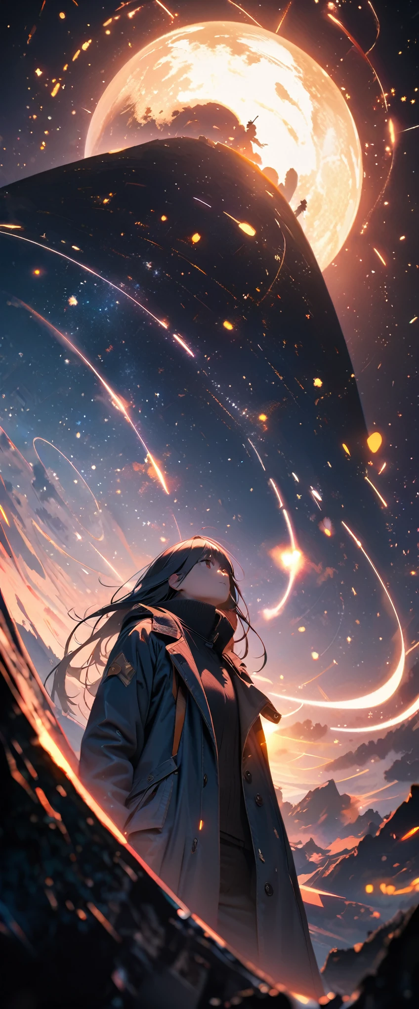8k,wallpaper of extremely detailed CG unit, masterpiece,hight resolution,top-quality,top-quality real texture skin,hyper realisitic,increase the resolution,RAW photos,best qualtiy,highly detailed,the wallpaper,cinematic lighting,ray trace,golden ratio, BREAK ,many stars twinkling in a beautiful bright winter night sky, long exposure starry sky with many circular orbits, silhouette of a cute young woman with long hair with her hands in her coat pockets looking up at it, photo taken from long distance, photo from below, beautiful kaleidoscope multiple exposures overlapping