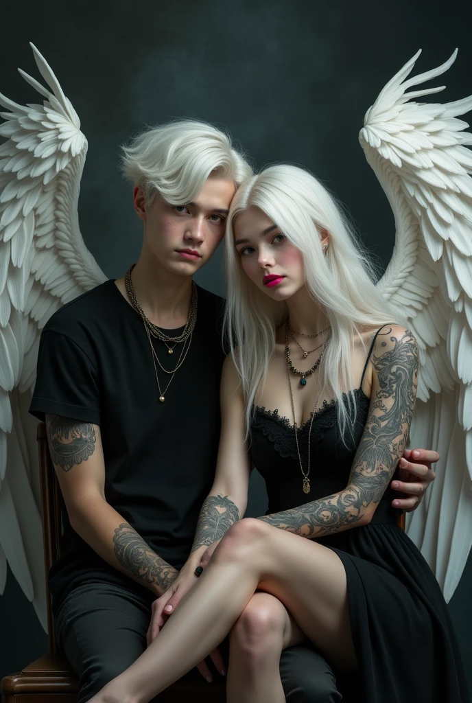 Boy and girl couple white hair perfect body setting on the chair and have tattoos with black t-shirt and necklace like a fairy face smooth skin pink lips and dark smoke background and big wings of an angel 
