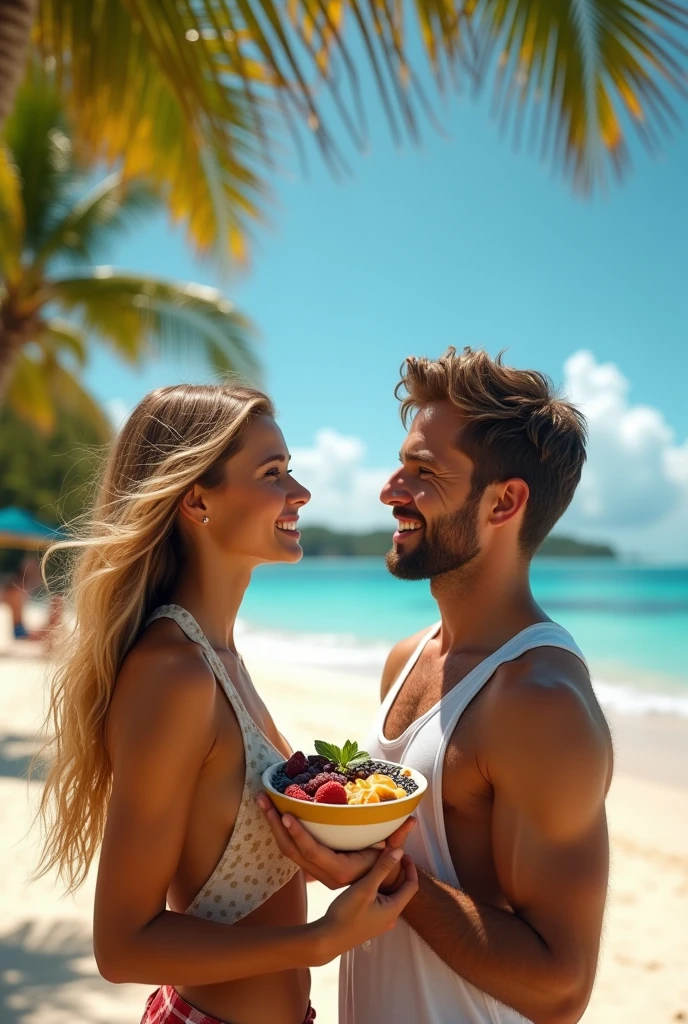 Realistic Man and Girlfriend 25-35 years old, On the Caribbean beach, blonde hair, brown eyes, eating acai , with friends Ultra HD, high qualiy, best qualityer, high resolution, 8k, 16K