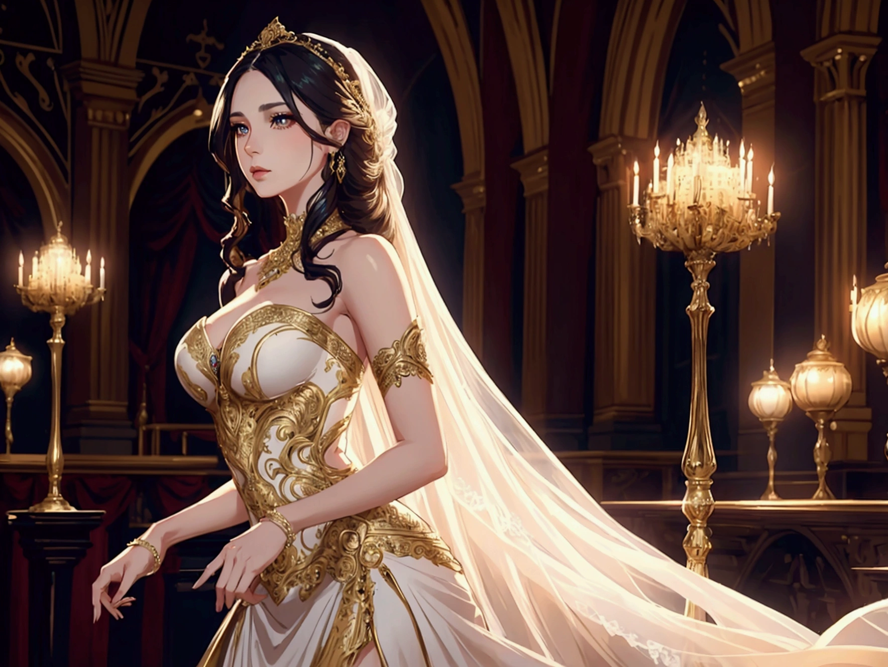 beautiful woman, epic orchestra, long flowing hair, piercing eyes, dramatic lighting, ornate dress, bridal gown, gorgeous background, digitl art, cinematographic, hyperdetailed, 8k, photorrealistic