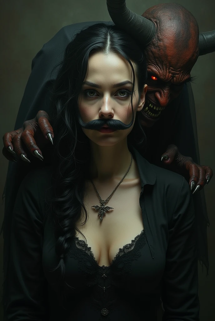 A woman with a mustache with a demon behind her