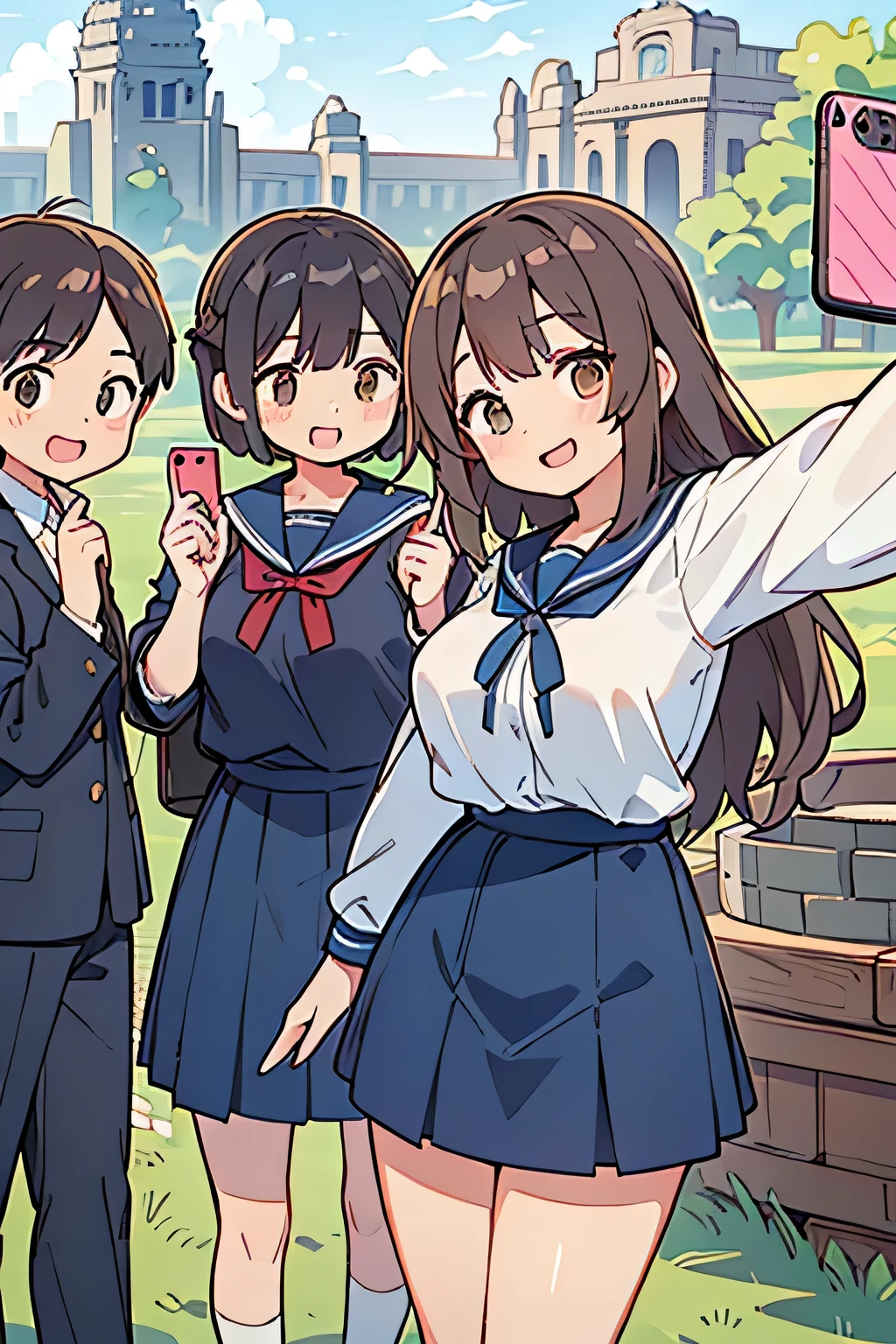Highest quality、High resolution、Detailed Background、(Beautiful face in every detail:1.4)、Anatomically correct、(Normal number of fingers:1.2)、(Highly detailed face)、Detailed eyes、age beauty、(Huge breasts:1.2)、Perfect body line、Brown Hair、Black Hair、Braided bob cut、ponytail、Wavy Hairstyle、well-groomed eyebrows、Shiny navy blue sailor suit、White sailor collar、Navy blue pleated skirt、School Cardigan、White Stockings、School trip、historical charm、History of Civilization、Ruins Spot、In a joking manner、A fun atmosphere、A big smile、smile、Cowboy Shot、
(Three people taking a selfie with a famous spot in the background:1.5)、
Angkor Wat、A stunning group of ruins symbolizing the history and culture of Southeast Asia、cute