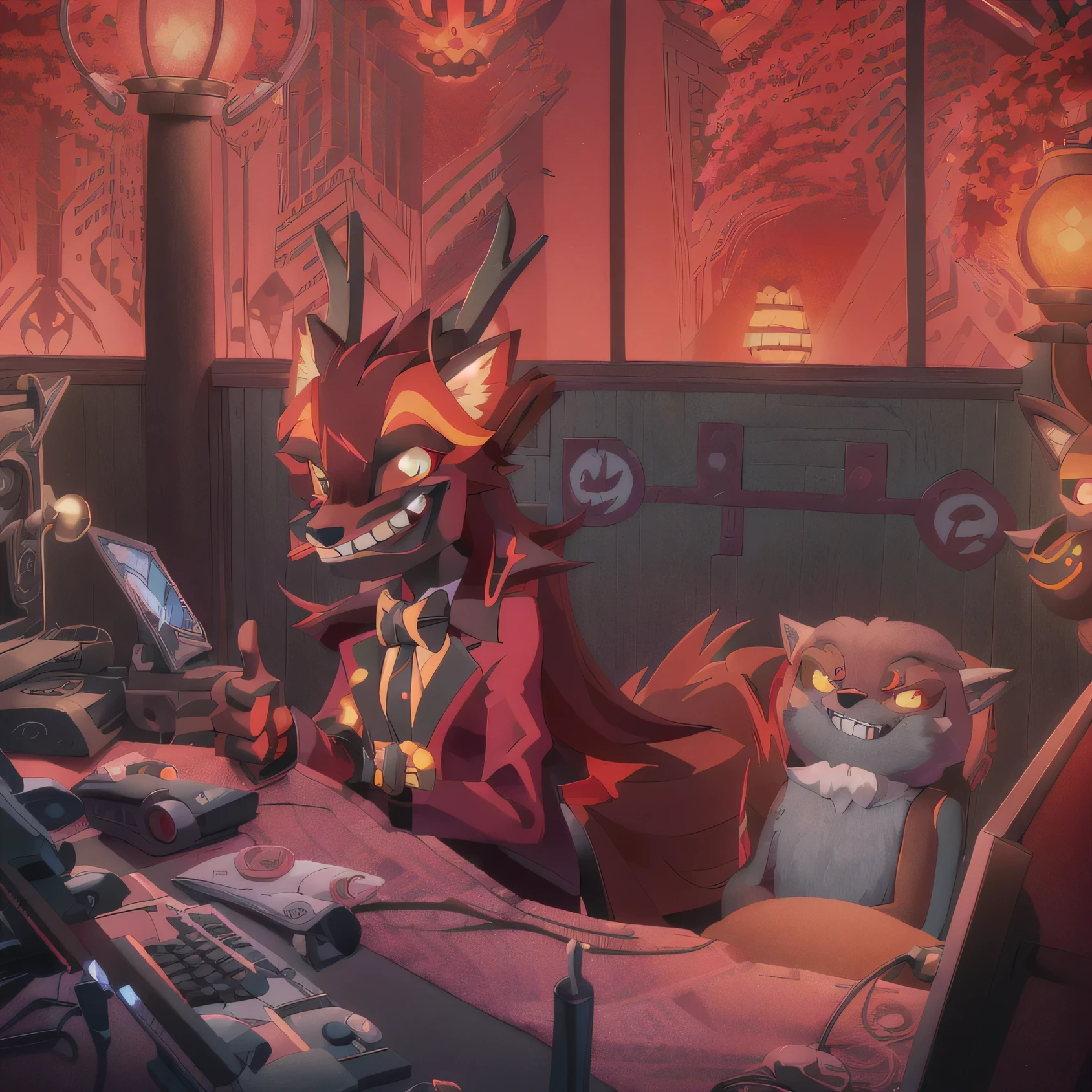 cartoon deer sitting at a desk with a computer and a lamp, grinning sinisterly, nefarious smirk, official art, unsettling grin, background art, [[[[grinning evily]]]], foxy, commission art, sinister pose, commission for high res, crimson themed, official fanart, !anthropomorphic!