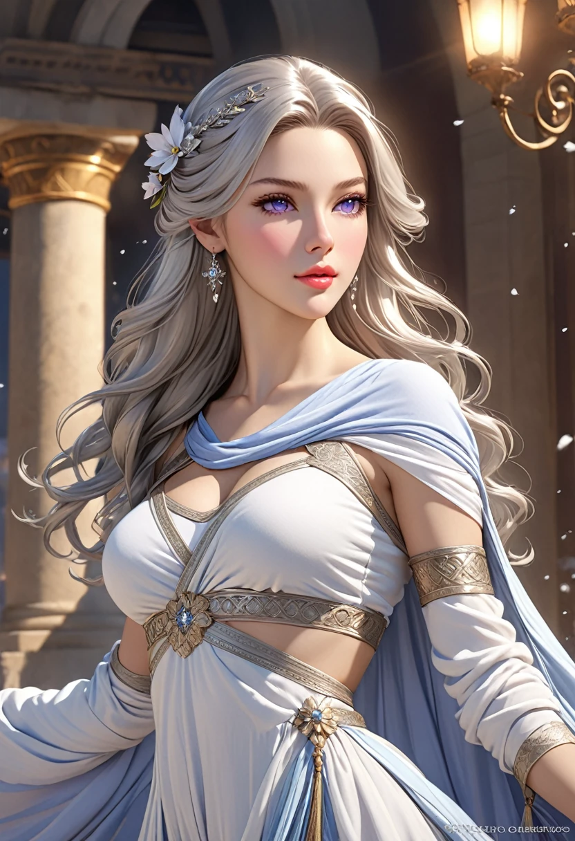 ((best quality)), ((artwork)), ((extremely detailed face)), ((perfect lighting)), ((extremely detailed CG)), ((perfect hands, perfect anatomy)), Appearance= Fair skin, cold skin tone, tall, european features, youthful, ravishingly beautiful, busty, athletic, toned, full lips; violet eyes; long, flowing silver hair Personality= Modest, reserved Occupation= Dawnstar Reputation= The most beautiful woman in the world Clothing=  Greek ]