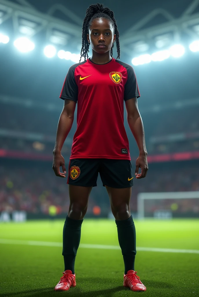 a black female age soccer player in a red and black uniform with cornrow hair stuck to the top of her head