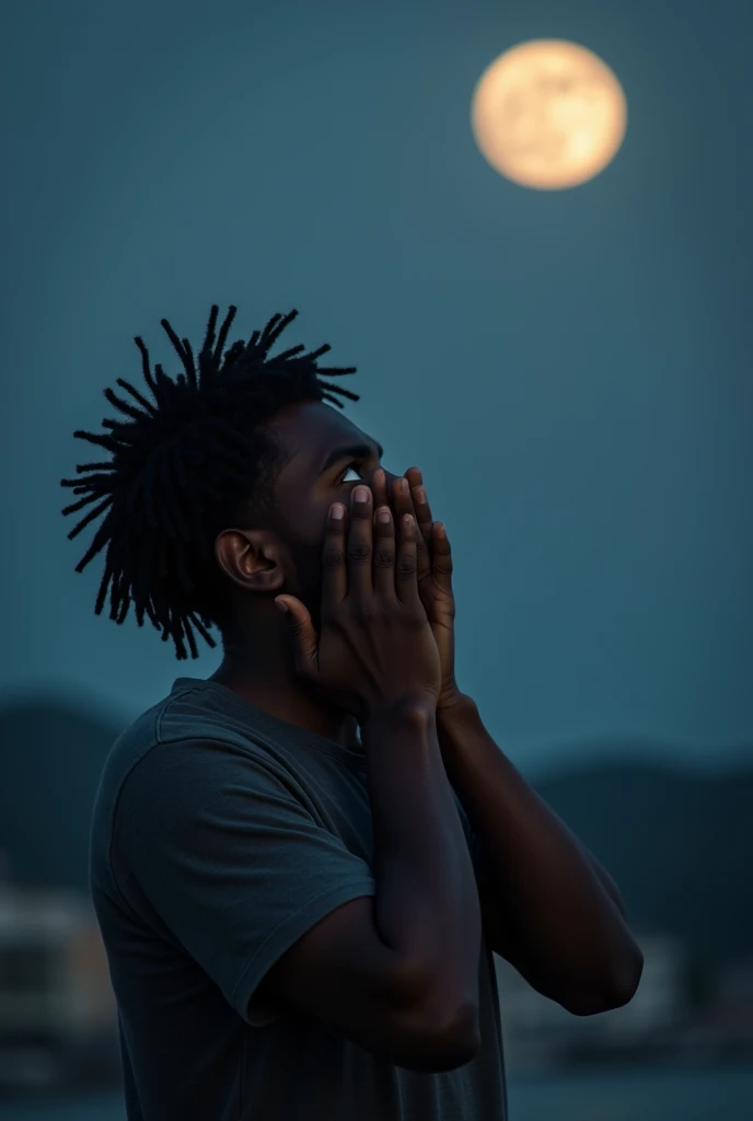 A young man with brown skin and hair in twist locks style with his hands covering his face and his head towards the moon