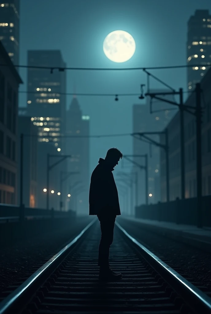 Man in the dark with the moon shining behind him in the city with lights on the train tracks 