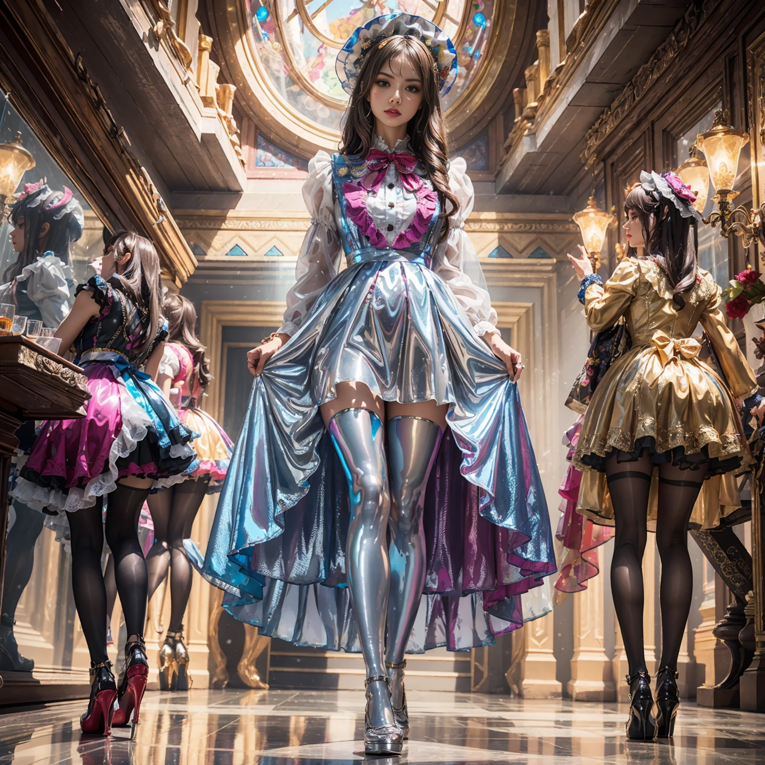 Model figure, long-legged woman, A woman in a luxurious and elaborate lolita dress, wearing lolita mary jane shoes with ornate details, patterned tights, (Glossy Reflecting collection), (Glossy Reflecting collection), (Oily shiny)), (Metallic clothes), (Metallic dress), (Metallic tights):1.2),standing on a snowy mountain, with reflective skin and reflective clothing, venusbody, full body shot, ray tracing, reflection light, chiaroscuro, UHD, masterpiece, anatomically correct, textured skin, super detail, high quality, 4K, highres
