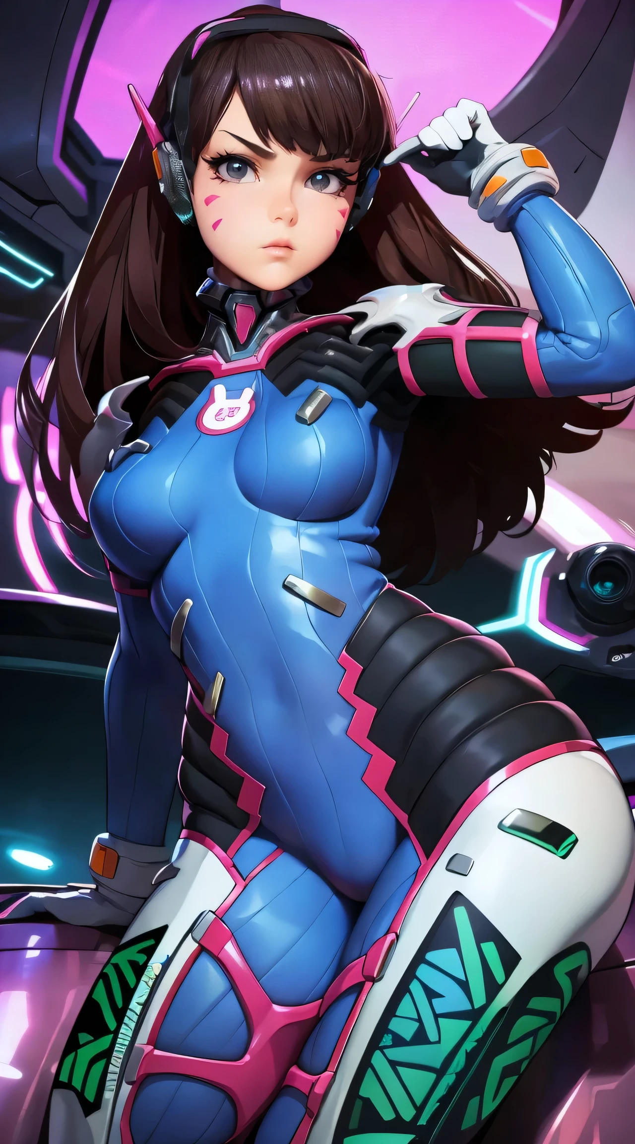 D.she is beautiful, sensual and sexy with her beautiful suit, with large breasts and wide hips, looking forward about to go out of the screen so close that you can perceive a futuristic city with many neon lights in the background. (((Let your full body be seen standing)))