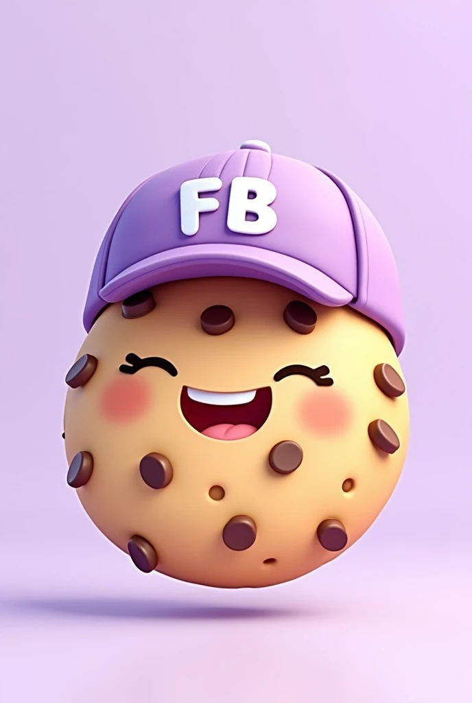 Full body cookie illustration type that is pretty, that is happy and has chocolate chips, that has a light purple cap that says FB in capital letters and has a light purple background