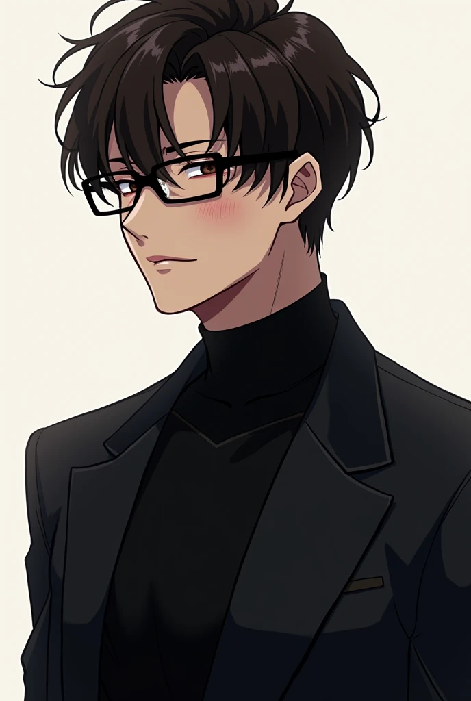 badass anime boy, very masculine, Korean style slanted eyes closed, with small black glasses, dark brown hair, black clothes, slightly blushing cheeks