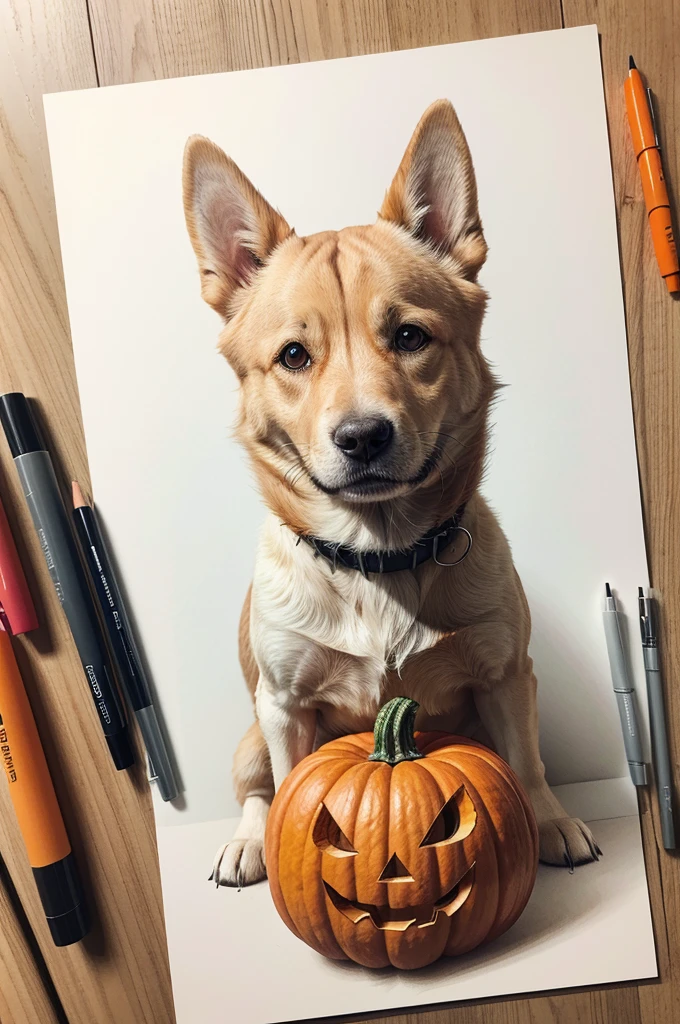 draw a dog with a pumpkin on its nose, styled , colored pencil and ink drawing.