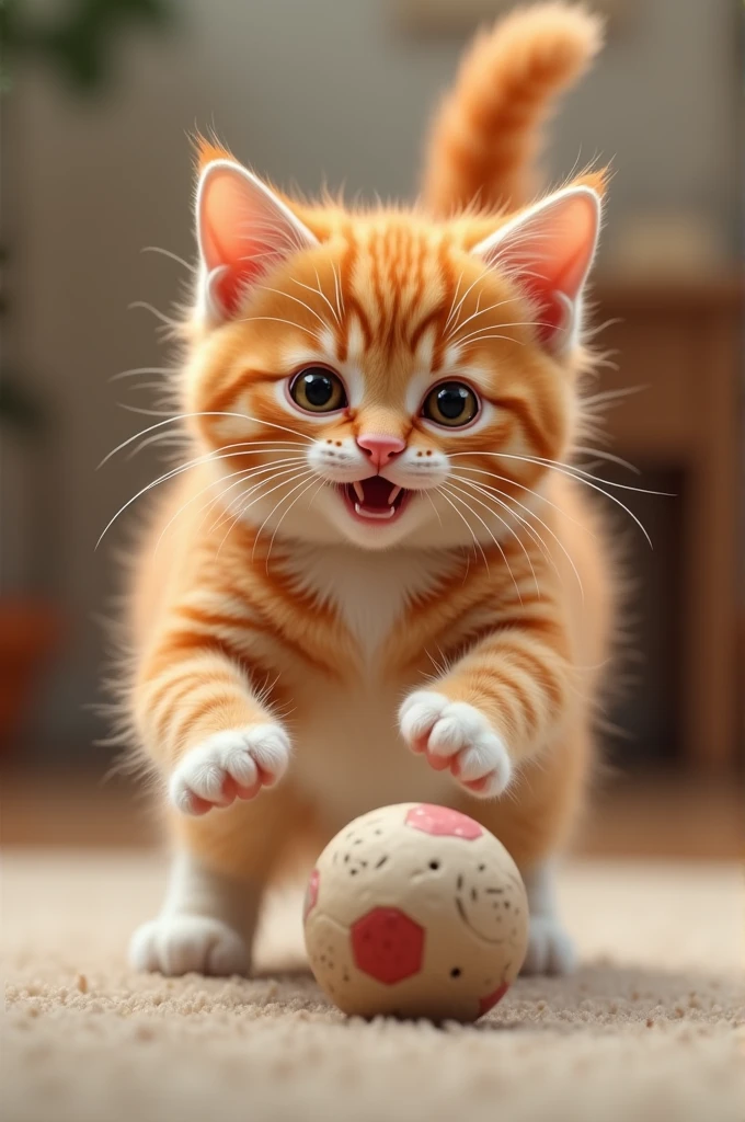 An orange cat with some white parts playing with a ball