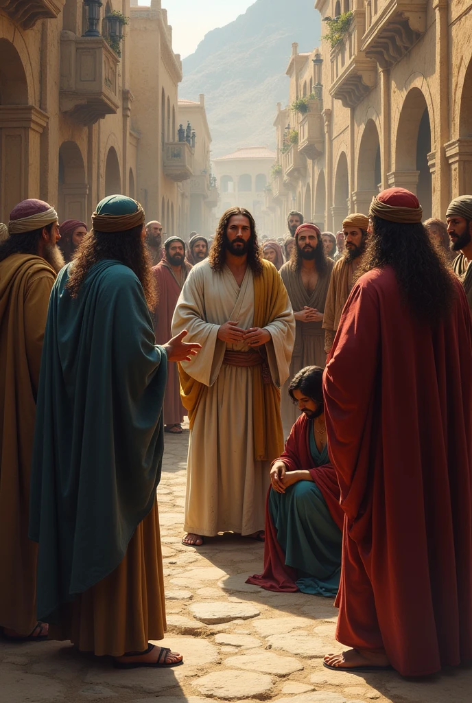 Create an image where the scribes and Pharisees insist on asking Jesus about the adulterous woman