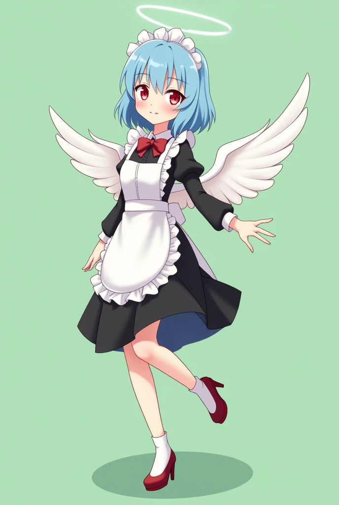 Maid cafe maid with short blue hair, Red eyes, a sensual and happy expression, age range between 18 and 26 years, with angel wings, black uniform, anime style completely in 2D, with pastel colors, with a completely flat and green background