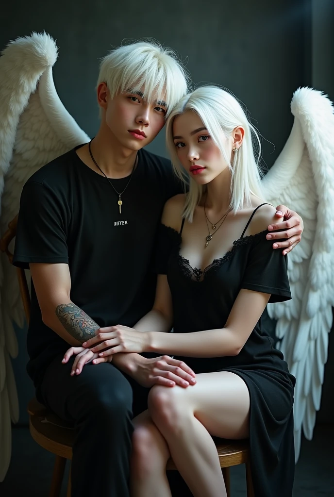 Boy and girl couple white hair perfect body setting on the chair and have tattoos with black t-shirt and necklace like a fairy face smooth skin pink lips and dark smoke background and big wings of an angel