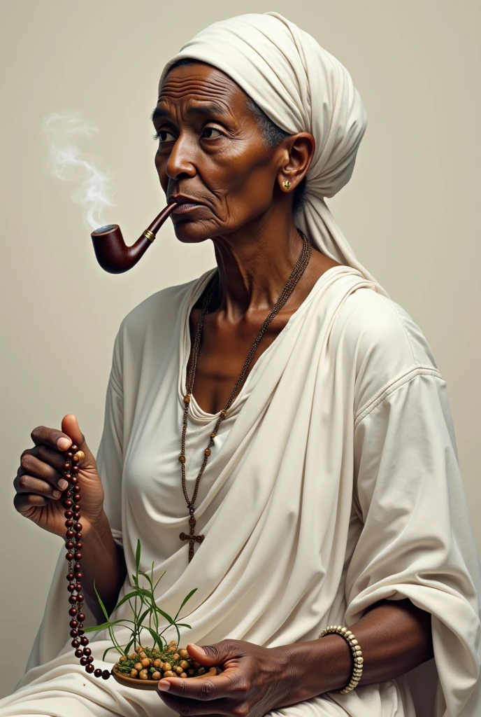 Old black woman is not thin, dressed in white, with expression marks, smoking a pipe, with herbs on the side, dressed in white e segurando um terço religioso na mão,