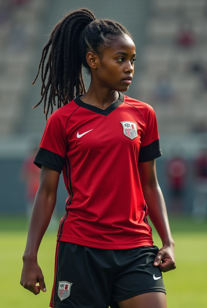 a black female teenage soccer player in a red and black uniform with hair in male cornrows glued to the top of her head