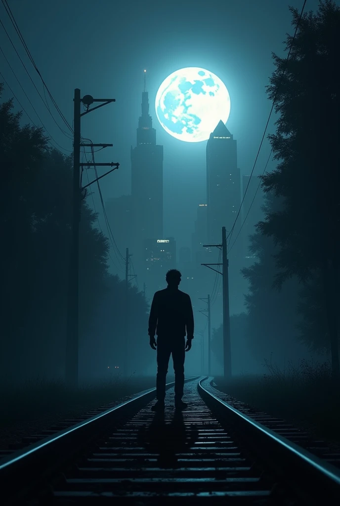 Man in the dark with the moon shining behind him in the city with lights on the train tracks