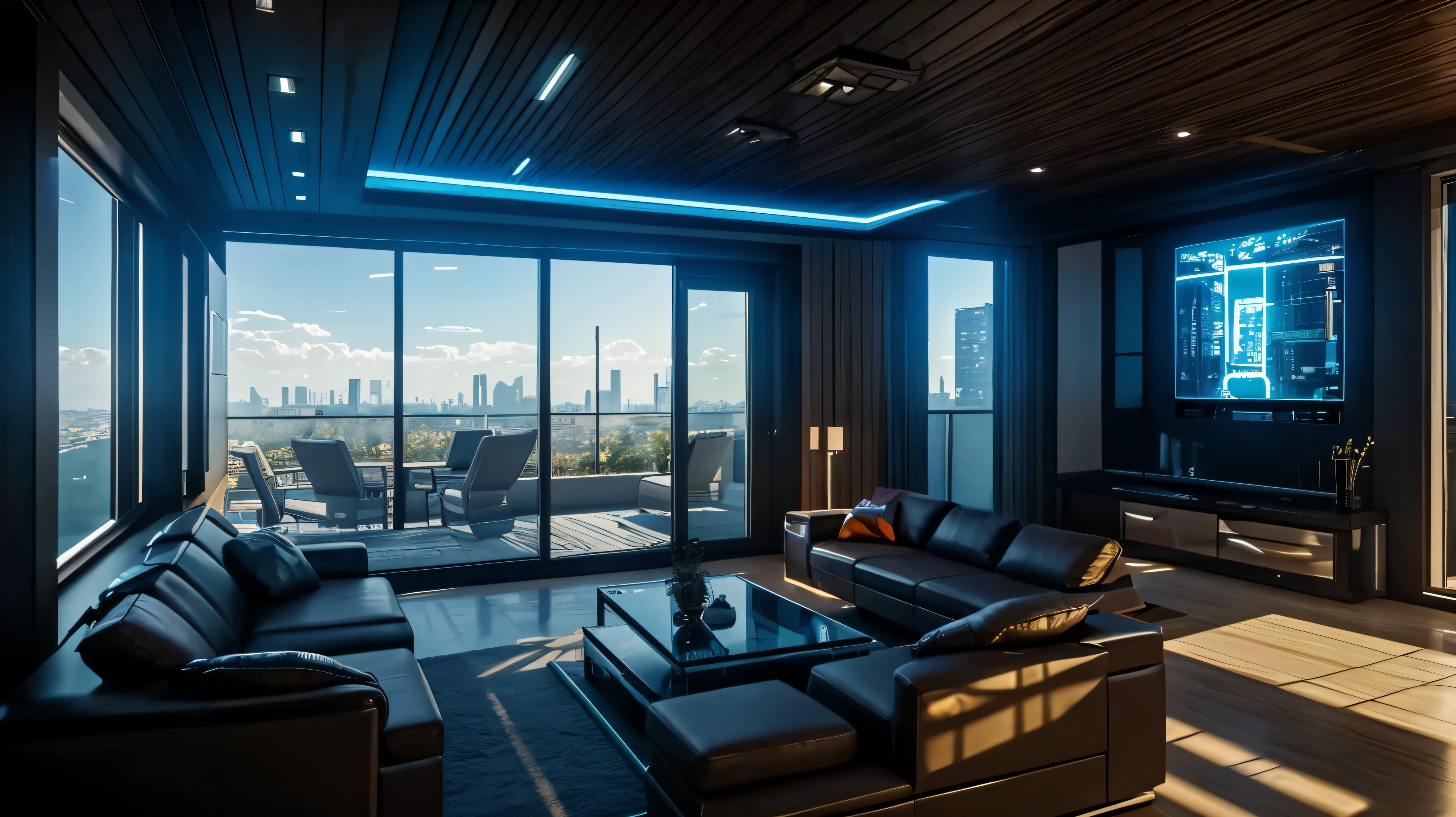 house, outside, scifi, cyberpunk, futuristic, hightech, daylight, wide angle, realistic view, ambient light, chilled ambient, year 2124, cinematic
