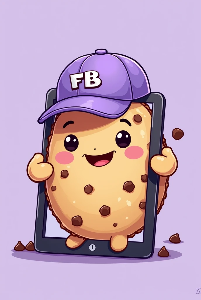 Full body cookie type illustration on iPad that is pretty, that is happy and has chocolate chips, that has a light purple cap that says FB in capital letters and has a light purple background