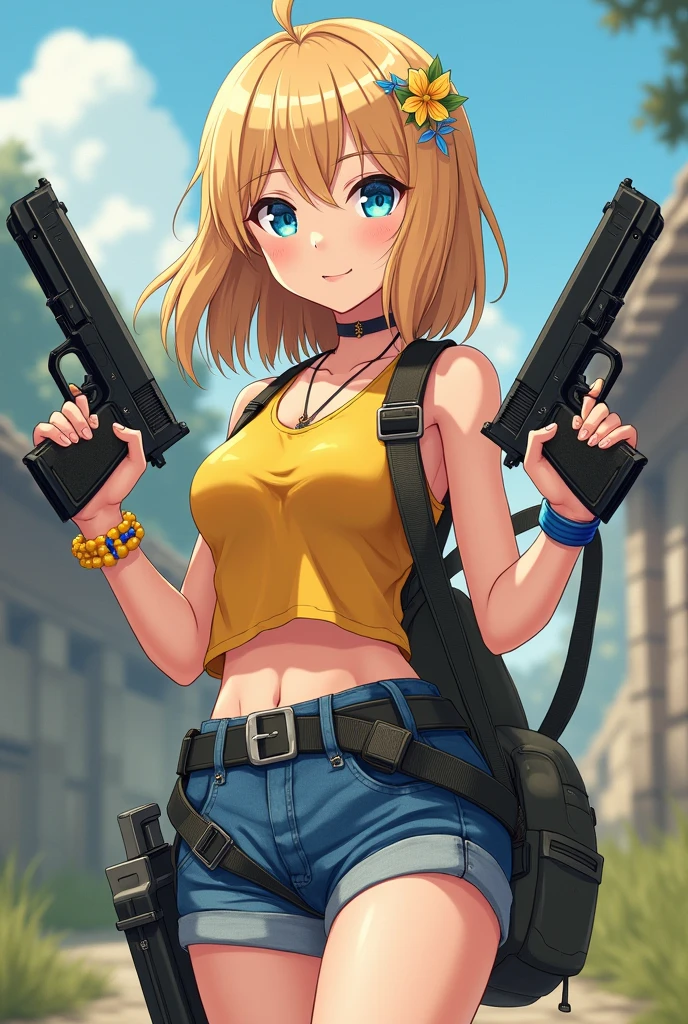 An anime style girl with white skin, blue eyes, blonde hair, yellow tank top, denim shorts, country boots, yellow and blue beaded bracelet, a single flower in her hair, 2 Zakharov survival knives and 2 semi-automatic pistols