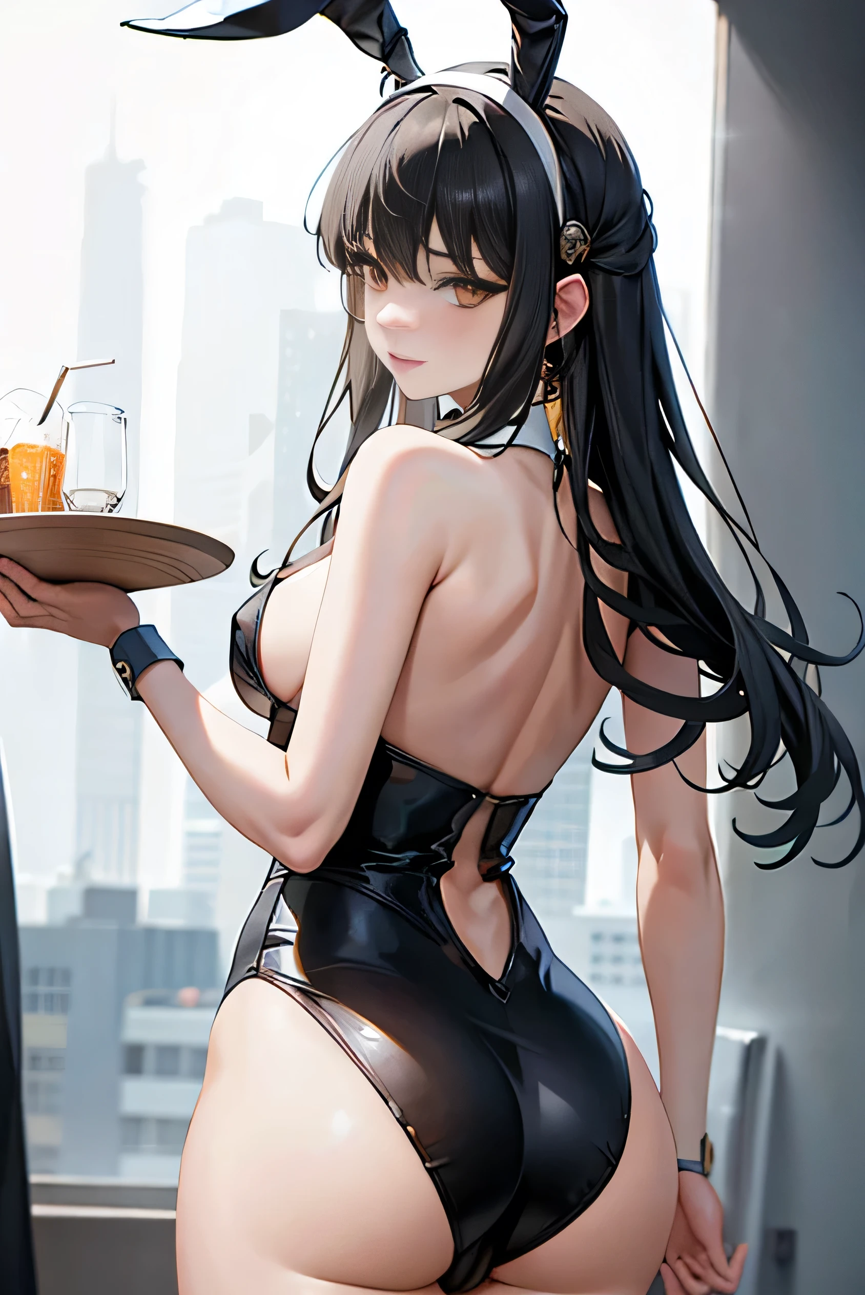 masterpiece, Best Quality, ultra oftallado, 1 girl, animal_ears, ASS, backless_leotard, bent_incima, negro_leotard, negro_thighs, sinos, closed_boca, Dutch_angle, false_animal_ears, of_behind, gray_background, hair_Biin, halo, heart, leotard, light_blush, long_hair, looking_in_viewer, looking_back, low_Alas, half_sinos, rosa_hair, rosa_halo, playboy_Biinny, rabbit_ears, simple_background, single_siof_Biin, smile, Alone, Strapless, Strapless_leotard, thighs, very_long_hair, white_Alas, Alas, yellow_eyes, big ass, t back, thong, black hair, bunny ears, showing her big ass, white suit