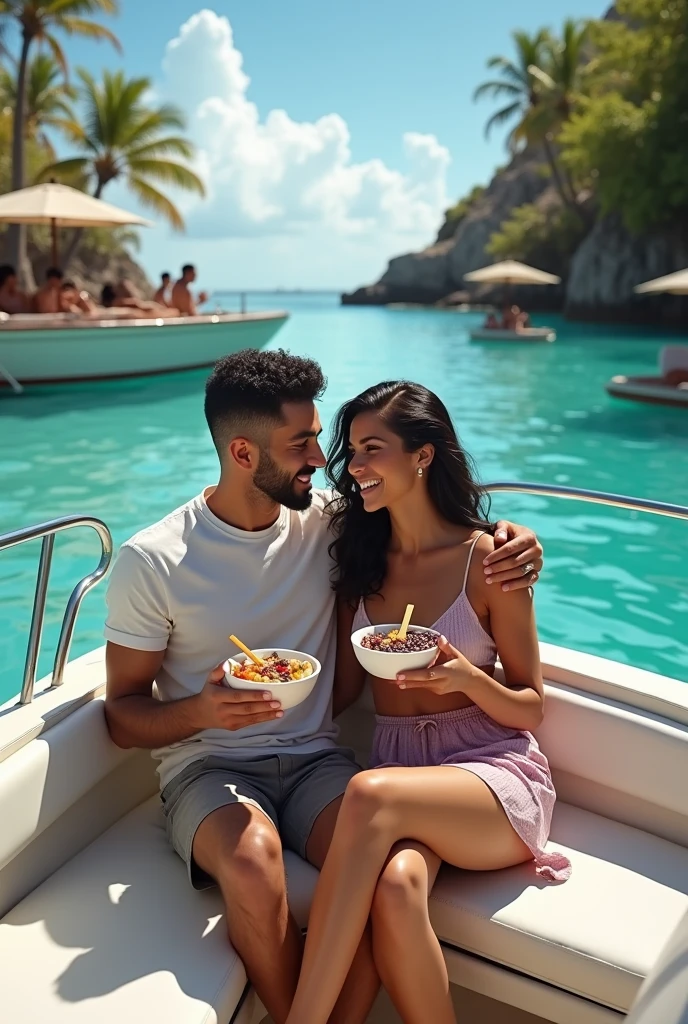 Realistic Man and Girlfriend 25-35 years old, On the Caribbean boat, black hair, brown eyes, eating açaí , with friends Ultra HD, high qualiy, best qualityer, high resolution, 8k, 16K